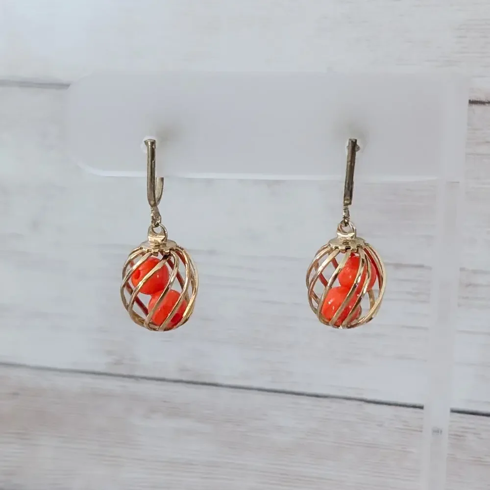 Vintage Screw Back Earrings Gold Tone with Orange - Dangle Earrings
